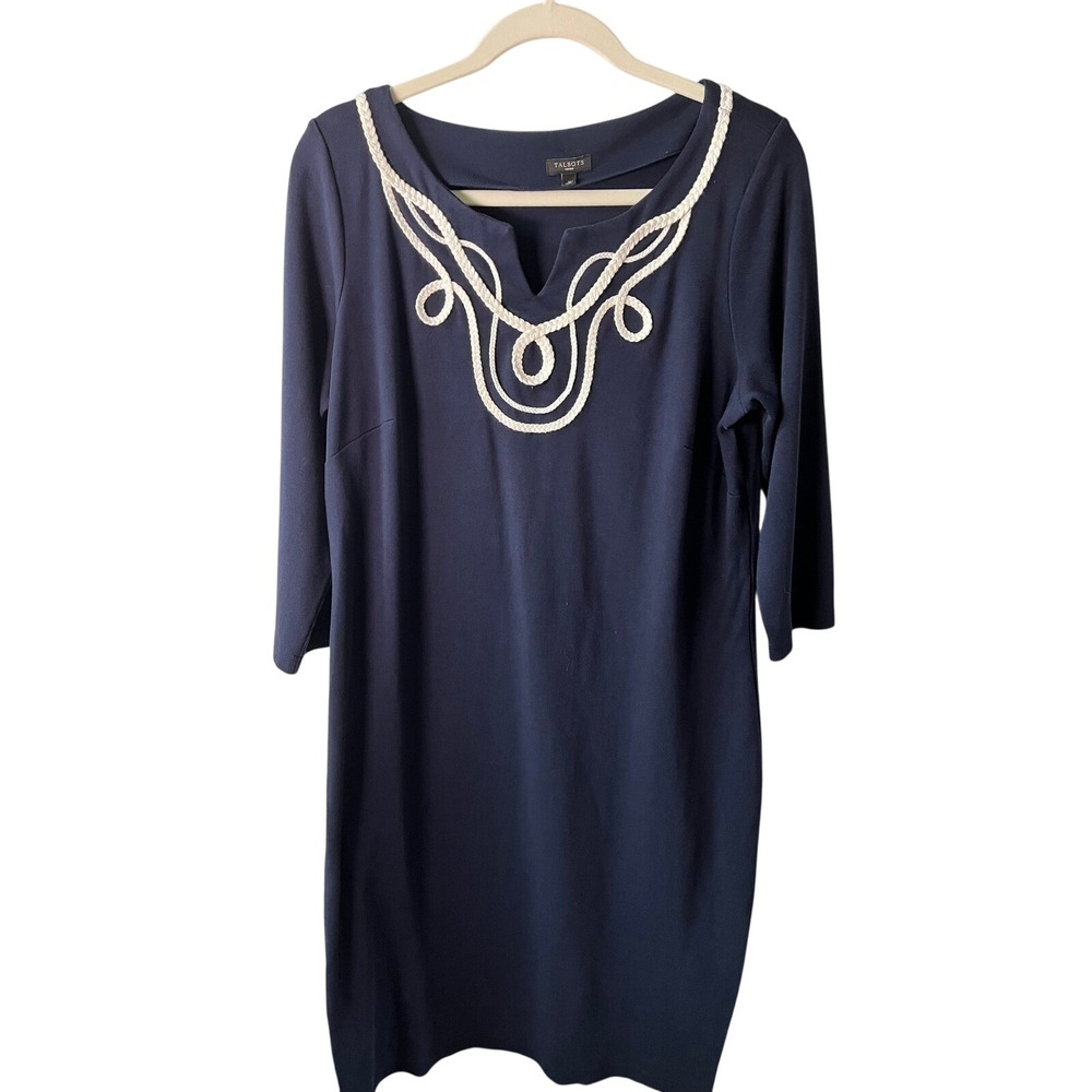Talbots Woman Blue Cotton Knit Dress White Braided Rope Trim Size X 3/4 Sleeve